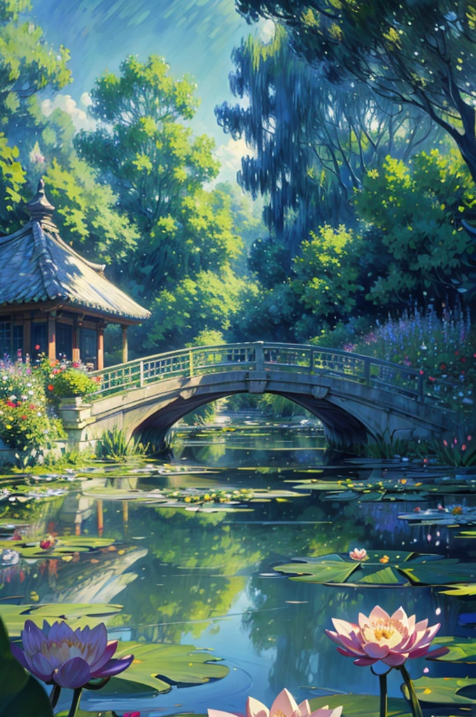 Imagine a detailed anime-style illustration of Claude Monet's famous garden. The scene features Monet's lush garden with its iconic water lilies and tranquil pond. The artwork captures the vibrant colors and soft brushstrokes of the original painting, with blooming flowers and greenery reflected in the serene water. The setting includes the charming Japanese bridge arching over the pond, surrounded by a rich tapestry of flowering plants and willows. The atmosphere is calm and picturesque, evoking the peaceful beauty of Monet's garden.