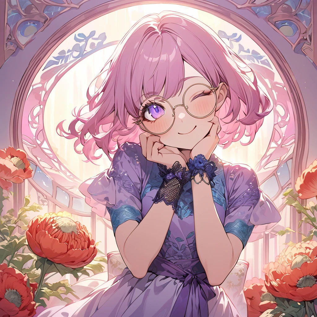 Hiori Light Art, Backlight, Pink Theme, (Art Nouveau:1.2), (Background of Meandros:1.2), pastel colour, One girl, alone, Portraiture, Pink Hair、Round Glasses、Short Bob,birthday whole cake, Striped Hair, 彼女はbirthday whole cakeが乗った皿を持っている, (Long eyelashes:1.2), Light purple eyes, Round Glasses,Long eyelashes, Silk dress, Purple Dress, blue embroidery, Short sleeve, Birthday mood、Lace gloves, Wrist scrunchies, (Emphasis on high-quality fabrics, embroidery:1.2 ), close, (;q:1.1), Close one eye, Conceit,, Put your hand on your cheek, head_Tilt, (Emphasis on high-quality fabrics, embroidery:1.2), bloom, Shine, Perfect lighting, masterpiece, Highest quality, Incredibly absurd, Super detailed, reflection, chrysanthemum, Poppy, peony