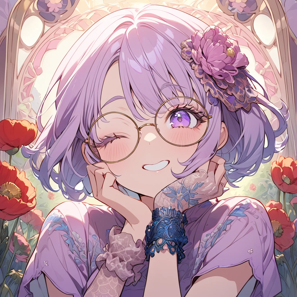 Hiori Light Art, Backlight, Pink Theme, (Art Nouveau:1.2), (Background of Meandros:1.2), pastel colour, One girl, alone, Portraiture, Pink Hair、Round Glasses、Short Bob,birthday whole cake, Striped Hair, 彼女はbirthday whole cakeが乗った皿を持っている, (Long eyelashes:1.2), Light purple eyes, Round Glasses,Long eyelashes, Silk dress, Purple Dress, blue embroidery, Short sleeve, Birthday mood、Lace gloves, Wrist scrunchies, (Emphasis on high-quality fabrics, embroidery:1.2 ), close, (;q:1.1), Close one eye, Conceit,, Put your hand on your cheek, head_Tilt, (Emphasis on high-quality fabrics, embroidery:1.2), bloom, Shine, Perfect lighting, masterpiece, Highest quality, Incredibly absurd, Super detailed, reflection, chrysanthemum, Poppy, peony