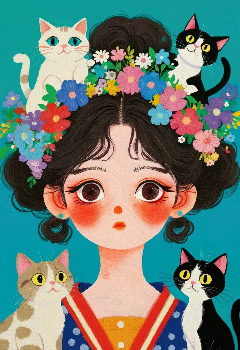 Pastel Art:There is a painting,The painting is a girl,Big colorful eyes,There are a group of cats on the head, Colored pencil drawings of Nobumasa Yanagawa, pixiv, What is it?, Japanese illustrator, Studio Ghibli Art, studio Ghibli art style, Ghibli art style, Ghibli art style, Portraitc 1 2. 0, Portrait c 12.0