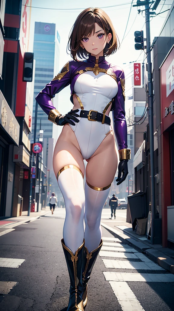 One girl, Medium chest, leotard, white and red leotard, barefoot, Tight belt, Gold Belt, boots, matching boots, ankle boots, white boots, gloves, 白いgloves, Urban Background, tokyo Urban Background, alone, single, Hands on hips, Are standing, Full Body Shot, Cowboy Shot, Superhero, Beautiful attention to detail, Mature Woman, Gold star symbol on chest, Brown Hair, short hair, Bob Hair, Purple eyes, No sleeve, Perfect Anatomy, masterpiece