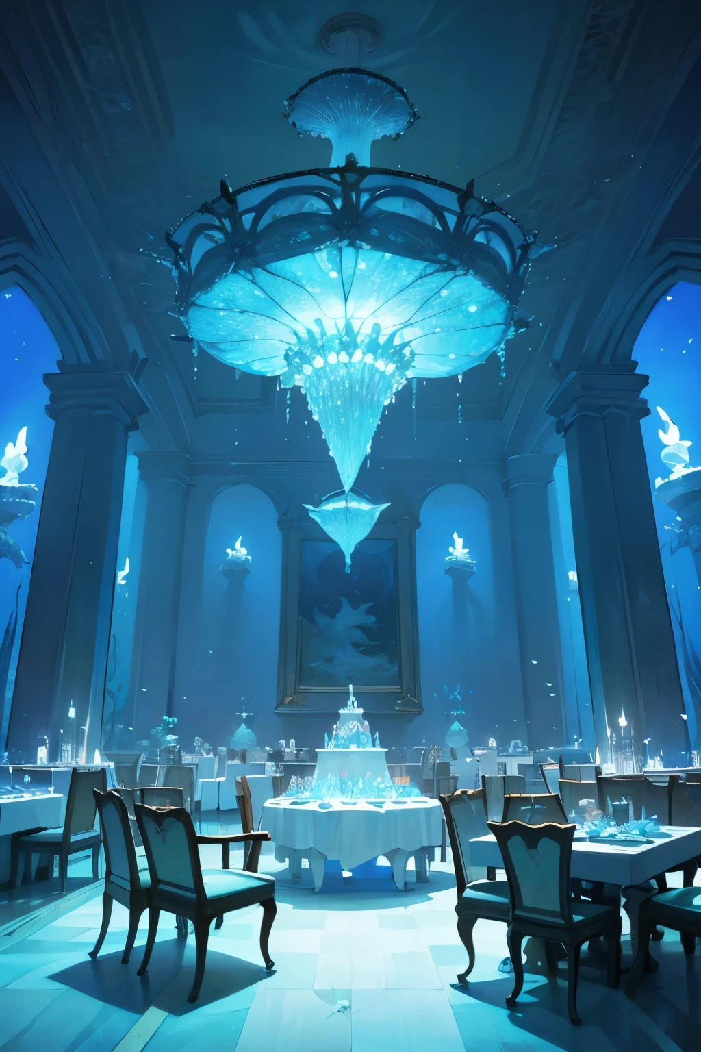  enchanted underwater environment:
 Dining room - **Walls and Ceiling**: Made from luminescent coral and precious stones that glow softly, creating an ethereal light effect that reflects on the surrounding waters.
- **Table and chairs**: The table is an imposing piece of blue crystal, decorated with delicate shells and pearls, while the chairs are upholstered in fabrics that imitate the texture of a dragon&#39;s scales.
- **Decoration**: Seaweed curtains and chandeliers made from giant seashells hang from the ceiling, casting a soft, welcoming glow. The walls are adorned with tapestries illustrating epic scenes of underwater battles and historic royal moments..
- **sight**: Large panoramic windows offer a spectacular view of the seabed, showing marine life and the castle&#39;s underwater gardens.

The room is designed to provide a majestic and tranquil experience, combining the grandeur of royalty with the serene beauty of the underwater world.

With a feast of strange foods with fish and seaweed , strange fruits never seen before , strange drinks with a fish tail in the glass and vegan seaweed cake with some sea candy and oysters on a plate
