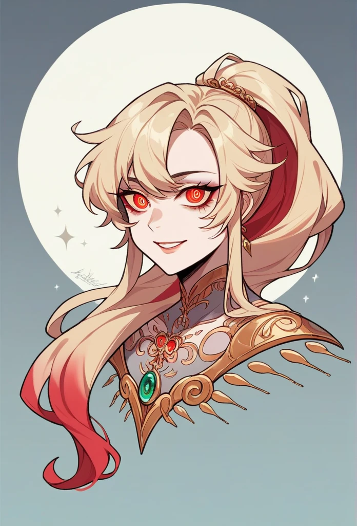 Impressive female portrait depicting a woman with long hair, Light blonde hair with lots of vibrant red highlights, cute, Very luxurious, Creates a unique two-tone effect, Long hair ponytail. Her big, Sharp, red, bloodshot eyes staring intensely, Lovely, Adds an unsettling yet seductive presence. Dressed formally, Her body is adorned with numerous intricate tattoos., The face has a prominent moon design on it.. Full Body Shot, Cowboy Shot. Symmetrical female features and malevolence, A big smile conveys badness, Ominous attitude, In the Dark, Cityscape Background, With a mysterious dress, Gold ornaments,