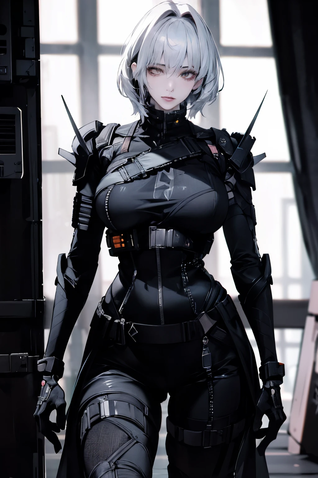 ((best quality)), ((masterpiece)), (detailed), Photorealistic, high resolution, mature woman, Image of a beautiful cyberpunk woman, เหมือนจริง, Hips up, jewelry, Curtain Bangs, White hair, Red eyes, หน้าอกใหญ่, HDR (high dynamic range), After processing, Anisotropic filtration,depth of field, Maximum clarity and clarity, multi-layered surface, perfect proportions, 8K raw files, กระโปรงสั้น, natural lighting, soft lighting, sunlight, cyberpunk city, detailed anatomy, Cyber Samurai, cybog, street