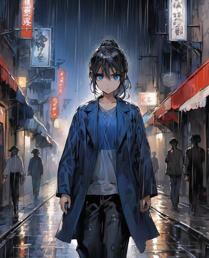 Anime girl with long black hair tied in a ponytail and sapphire blue eyes with a sharp look wearing a dark blue coat and wide black pants walking down the street on a dark night in the middle of heavy rain with her sharp eyes