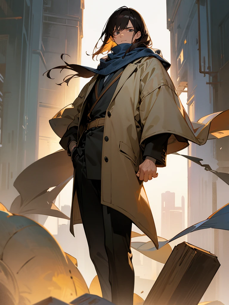 a fairly tall human, bringing a sweater, a scarf, man, dark hair , with a rough appearance, being strong, man