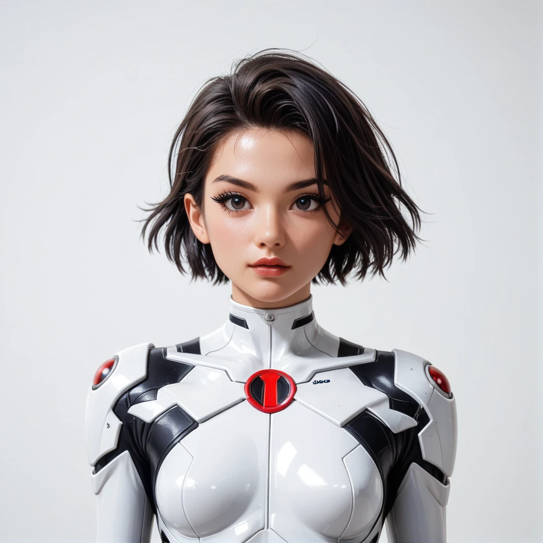 (best quality,8k:1.2,high resolution:1.2),ultra-detalhado,Realistic,retro science fiction female superhero,short hair,rosto extremamente detalhados,long eyelashes,shiny metalic chrome armor, Apertado,gloves,Physically-based rendering,foco nítido,white studio lighting