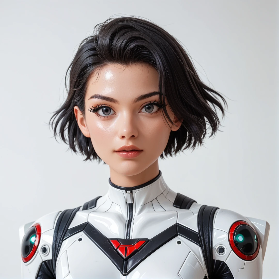 (best quality,8k:1.2,high resolution:1.2),ultra-detalhado,Realistic,retro science fiction female superhero,short hair,rosto extremamente detalhados,long eyelashes,shiny metalic chrome armor, Apertado,gloves,Physically-based rendering,foco nítido,white studio lighting