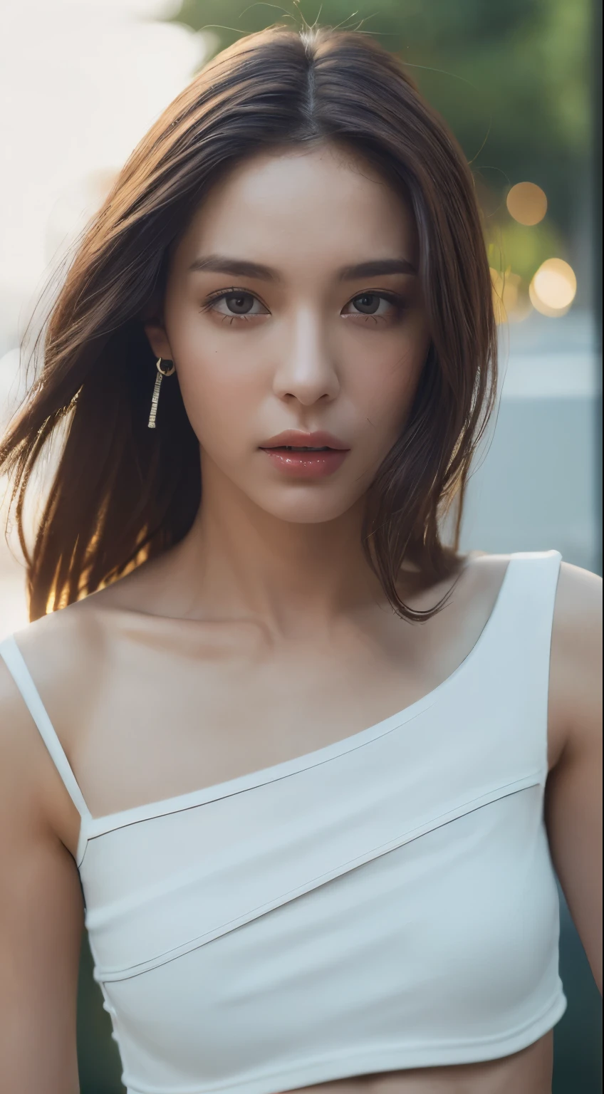 ((Realistic lighting, Highest quality, 8k, masterpiece: 1.3)), Clear focus: 1.2, 1 girl, Perfect figure: 1.4, Slim Abs: 1.1, (((Dark brown hair)), (White tube top: 1.4), (Outdoor, night: 1.1), street, Super slim face, Narrow eyes, double eyelid,