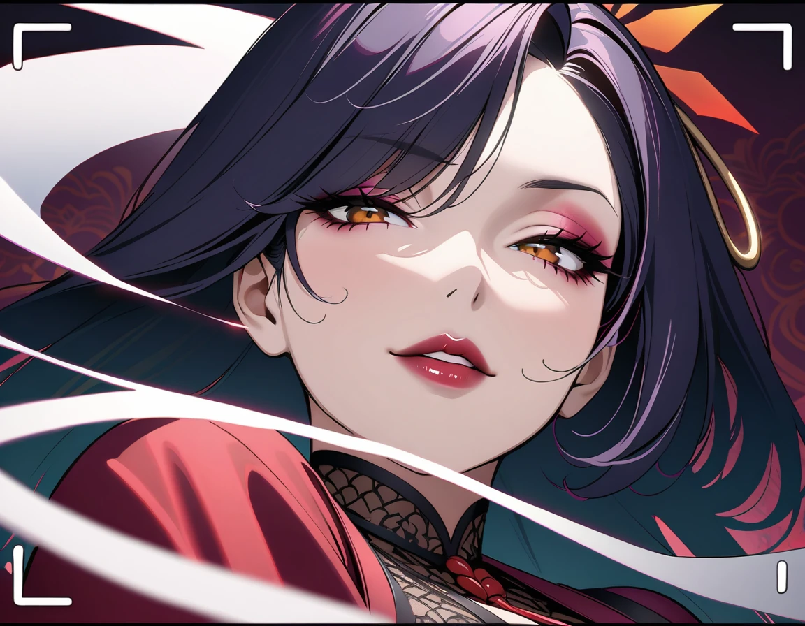 (A bewitching 35-year-old Japanese MILF, Mouth shot of an evil widow in a stunning black mourning outfit standing alone under the eaves of a funeral hall on a moonlit night, her chestnut French roll hair cascading down her back like a waterfall of darkness, close-up of her face as her dark red lips whisper a secret to the shadows. She looks out over her gloomy surroundings with an atmosphere of seductive serenity, exuding an aura of mysterious charm., White smoke from incense sticks is floating thinly like mist., Background effect showing swirling anxiety),(nsfw, masterpiece, incredibly absurd resolution, absolutely resolution, ultra high resolution, Mature Female, evil MILF, professional, vivid colors, perfect anatomy, ideal facial features, perfectly beautiful face, super detailed face, evil seductive smile:1.3), (A slyly drawn face:1.2), incredibly beautiful and incredibly detailed, Focus on the character's face, Close up of face, Forehead, Thin, arched eyebrows, double eyelids, half lidded eyes, beautiful amber eyes, a neat nose, beautiful nostrils, a sensual full mouth, dark lipstick, glossy lips, (Straight-on, from below, Core shadow, perspective, look up, looking down at us), Image through the camera viewfinder, Aesthetic, 16k, Sukebe smile and open her mouth, Death Siren, Captivating voice, hypnotic whisper, evil seductive ASMR, mature woman, evil MILF, Femme Fatale, Perspective view