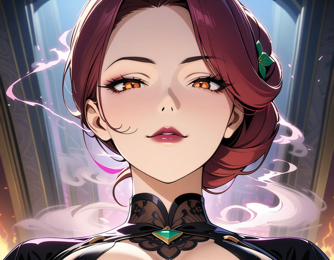 (A bewitching 35-year-old Japanese MILF, Mouth shot of an evil widow in a stunning black mourning outfit standing alone under the eaves of a funeral hall on a moonlit night, her chestnut French roll hair cascading down her back like a waterfall of darkness, close-up of her face as her dark red lips whisper a secret to the shadows. She looks out over her gloomy surroundings with an atmosphere of seductive serenity, exuding an aura of mysterious charm., White smoke from incense sticks is floating thinly like mist., Background effect showing swirling anxiety),(nsfw, masterpiece, incredibly absurd resolution, absolutely resolution, ultra high resolution, Mature Female, evil MILF, professional, vivid colors, perfect anatomy, ideal facial features, perfectly beautiful face, super detailed face, evil seductive smile:1.3), (A slyly drawn face:1.2), incredibly beautiful and incredibly detailed, Focus on the character's face, Close up of face, Forehead, Thin, arched eyebrows, double eyelids, half lidded eyes, beautiful amber eyes, a neat nose, beautiful nostrils, a sensual full mouth, dark lipstick, glossy lips, (Straight-on, from below, Core shadow, perspective, look up, looking down at us), Image through the camera viewfinder, Aesthetic, 16k, Sukebe smile and open her mouth, Death Siren, Captivating voice, hypnotic whisper, evil seductive ASMR, mature woman, evil MILF, Femme Fatale, Perspective view
