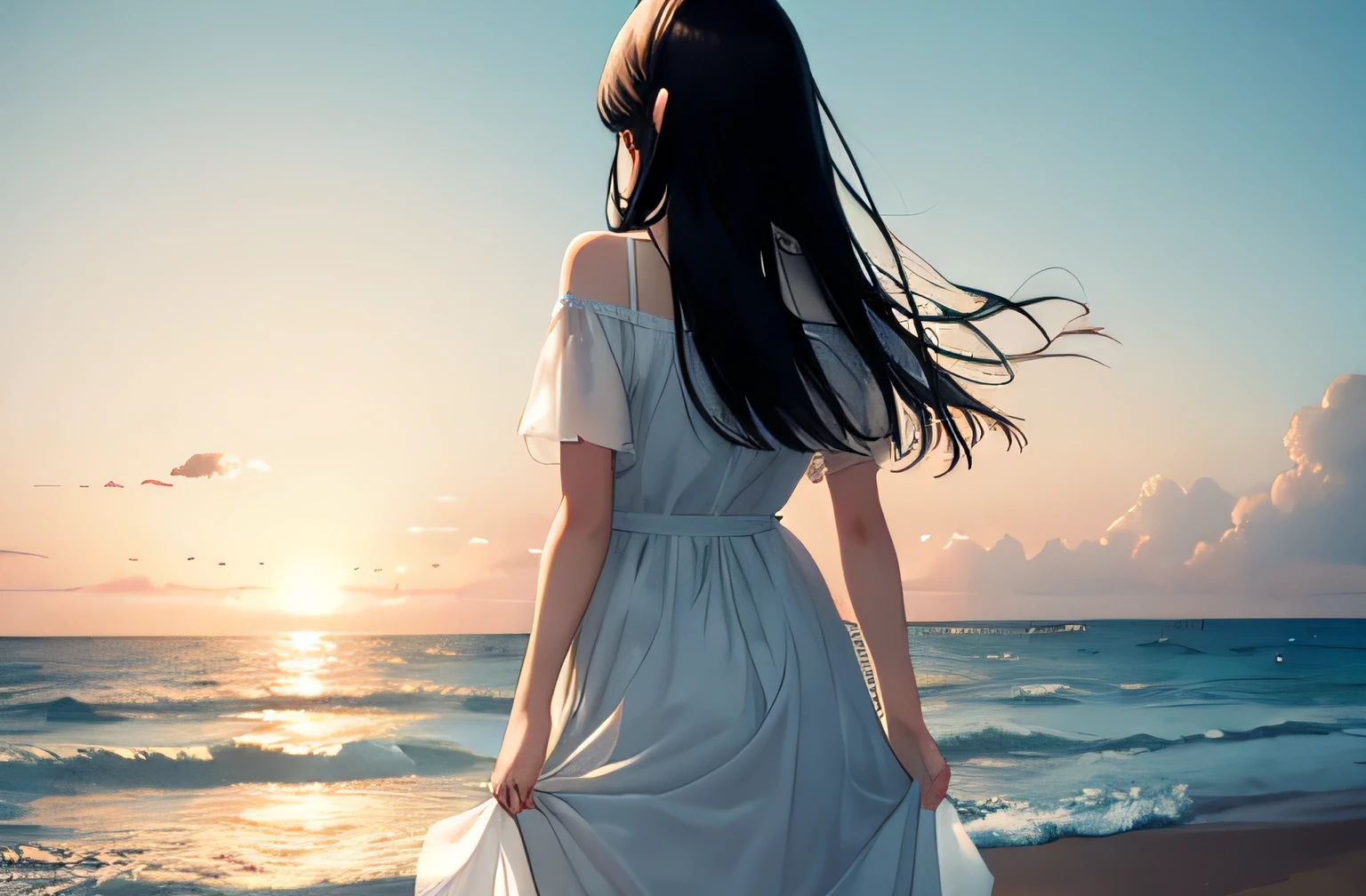 Highest quality,One Woman,Long black hair,farewell,Breaking away,Back view,Turning his back,Far away,Facing the back,Wearing a white dress,Ocean,One Man,Men have short, black hair,Back view of a man looking at a woman from a distance,