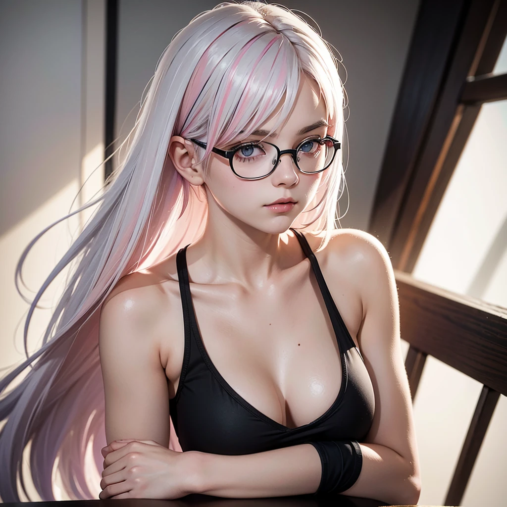 foreground, alone, beautiful white haired girl with pink highlights, She wears bayonet-style glasses and is dressed in a black tank top.