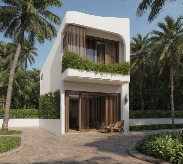 RAW photo,Masterpiece, high quality, best quality, realistic, super detailed,
(exterior: 1.1), modern garden house, material between (brick:1.1) and Terracotta wall, arched door wooden , empty cell wall, beautiful landscape design, wide road in front of the house, (tropical trees), blue sky, soft daylight lightweight,
(high detail: 1.2) ), 8k uhd, high quality