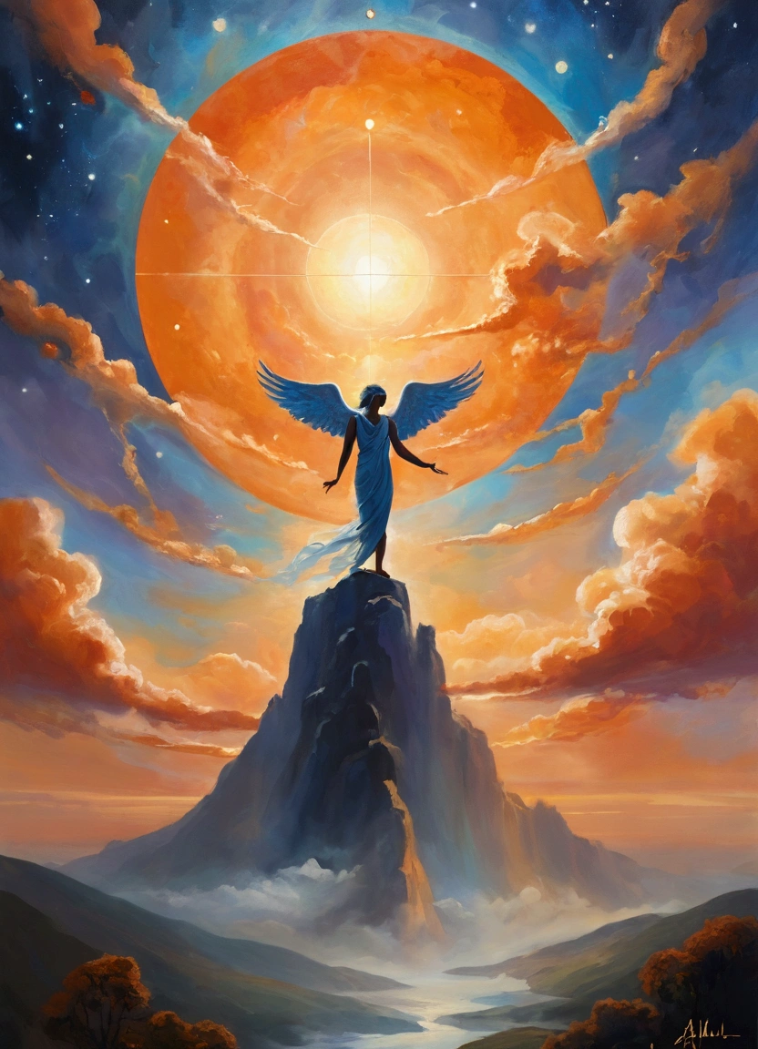 ((Inspired by imeon Solomon )), Cosmic, Angelic being,No emotion, Ancient Greek mythology, eden, Sky mountain view, Orange cloud. Use strong and bold strokes,Impressionist Painting,