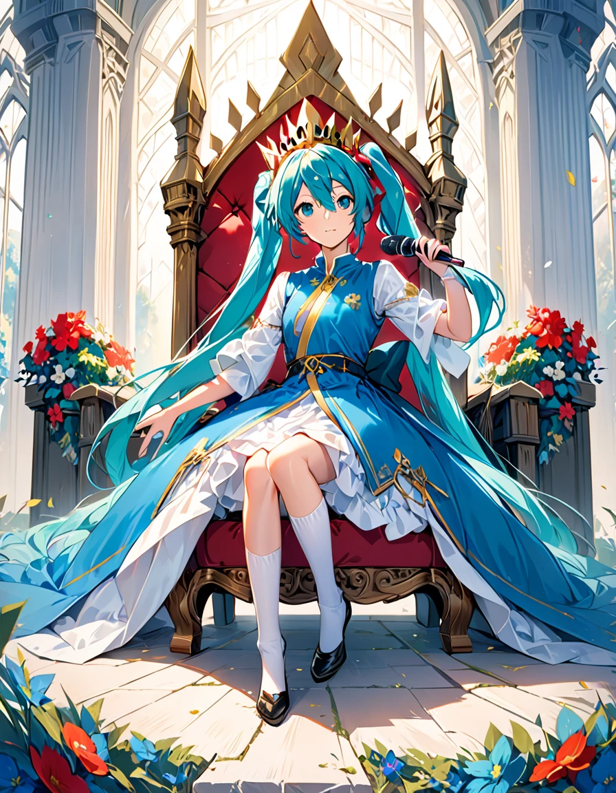 1girl, Hatsune Miku, princess outfit, crown, gold, ((throne)), in a castle, Middle Ages, wearing a blue vest, one foot on the ground, the other foot calf turned outward, one hand holding the microphone, the other hand across the eyes Biye, white background