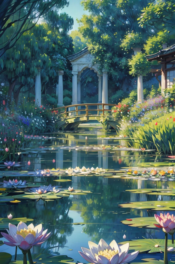 Imagine a detailed anime-style illustration of Claude Monet's famous garden, with a character included. The scene features Monet's lush garden with its iconic water lilies and tranquil pond, captured with vibrant colors and soft brushstrokes. A distant character, dressed in a flowing outfit, is walking through the garden. The charming Japanese bridge arches over the pond, surrounded by blooming flowers and greenery. The overall atmosphere is calm and picturesque, reflecting the peaceful beauty of Monet's garden, with the character adding a sense of scale and tranquility.