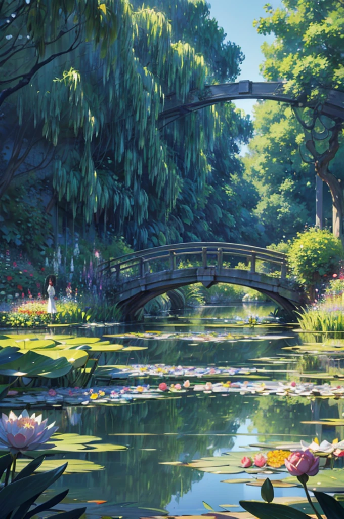 Imagine a detailed anime-style illustration of Claude Monet's famous garden, with a character included. The scene features Monet's lush garden with its iconic water lilies and tranquil pond, captured with vibrant colors and soft brushstrokes. A distant character, dressed in a flowing outfit, is walking through the garden. The charming Japanese bridge arches over the pond, surrounded by blooming flowers and greenery. The overall atmosphere is calm and picturesque, reflecting the peaceful beauty of Monet's garden, with the character adding a sense of scale and tranquility.