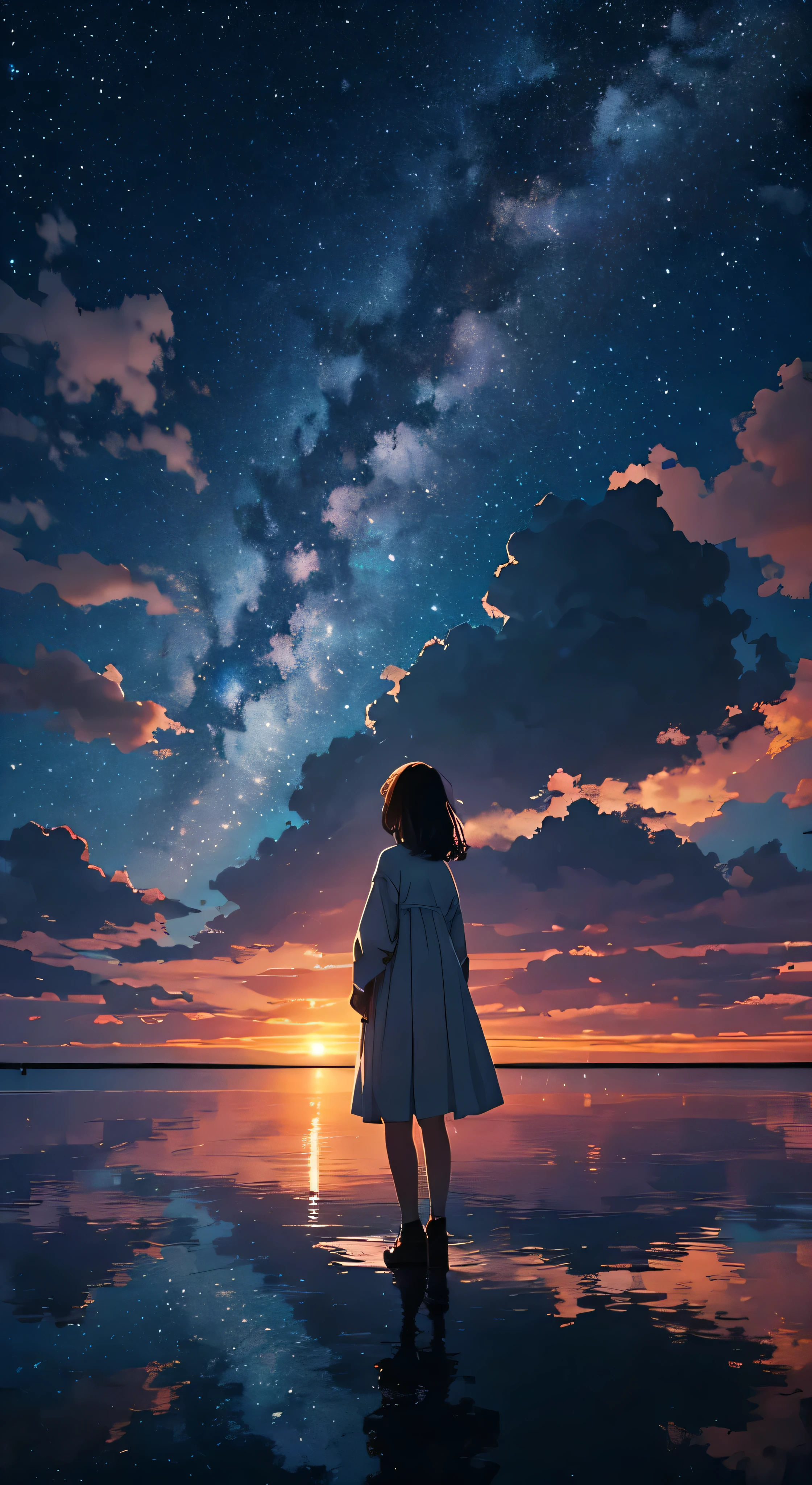Every 夜空 carries the promise of a new dawn. Accept the outcome, Paving the way for a beautiful beginning. Nature painting. cloudy, sunset, A small woman is reflected in the photo.、Back view、Fantastic starry sky、