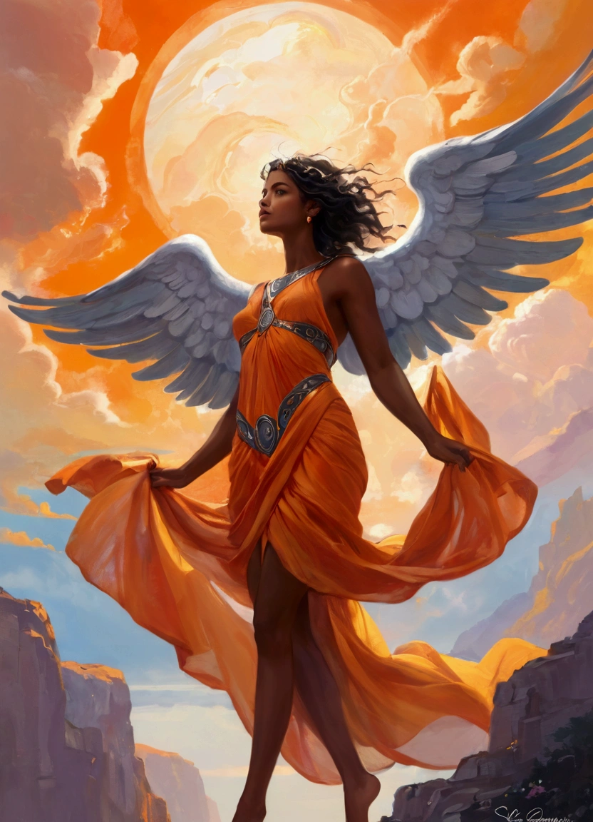 ((Inspired by imeon Solomon )), Cosmic, Angelic being, Ancient Greek mythology, eden, Sky mountain view, Orange cloud. Use strong and bold strokes,Impressionist Painting,