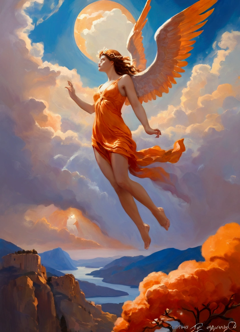 A nude angekflying in the sky in the sun light, andry face, full body, with open legs