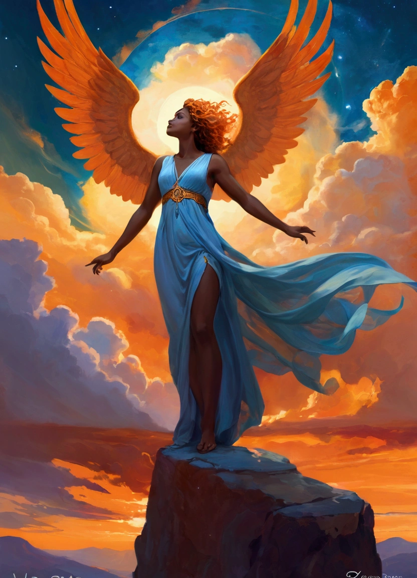 ((Inspired by imeon Solomon )), Cosmic, Angelic being, Ancient Greek mythology, eden, Sky mountain view, Orange cloud. Use strong and bold strokes,Impressionist Painting,