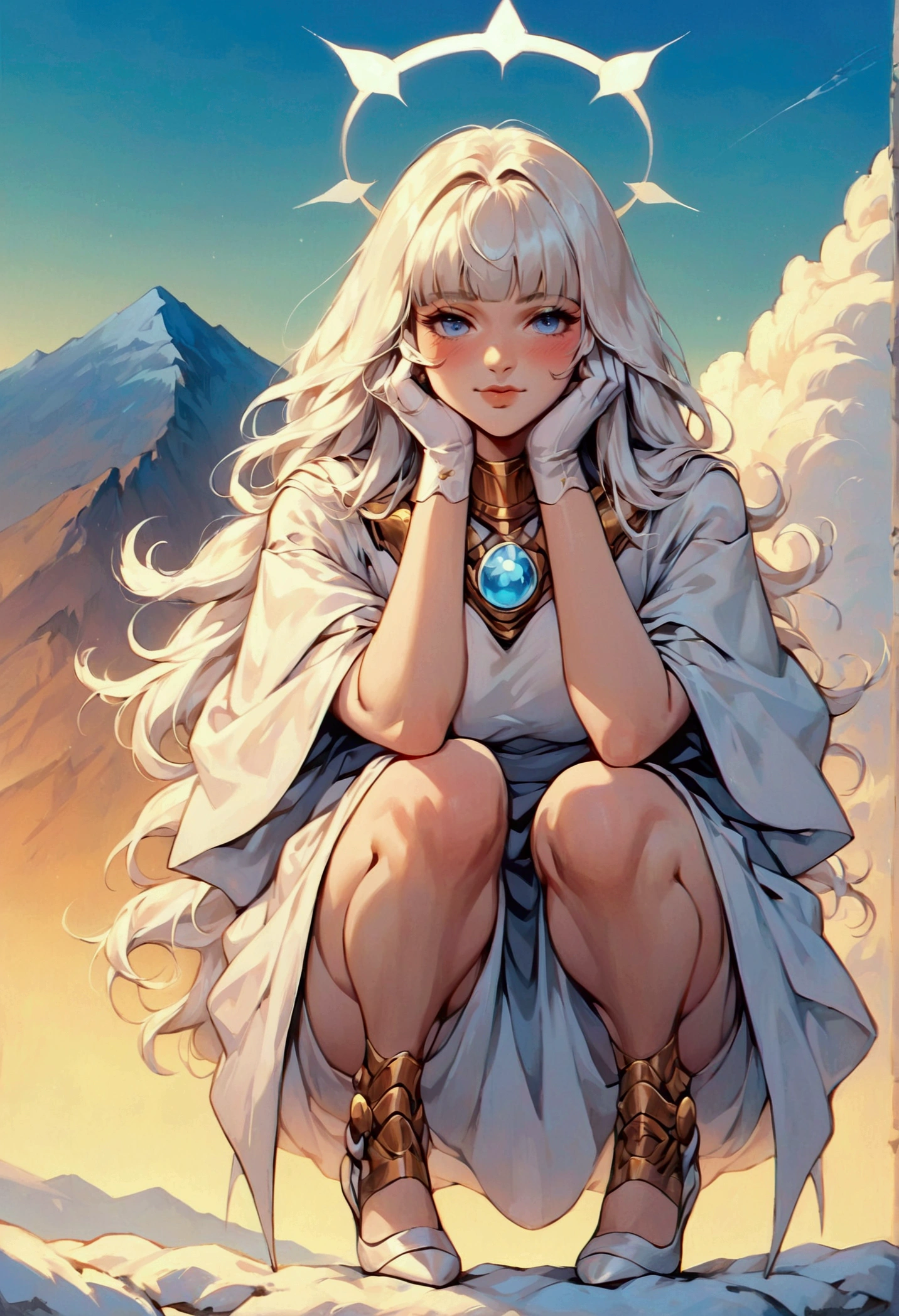 (score_9, score_8_up, score_7_up), zPDXL, 1 girl, alone, looking at viewer, crouching, hands on knees, white cat, mountain background, white hair, blue eyes, full body, long hair, white dress, bright white hair, white halo of light, halo, metallic pendant, blushing cheeks, white cat, mountain with a bit of snow, beautiful girl crouching with a halo of light, retro style, white cape, blunt bangs, white aura,