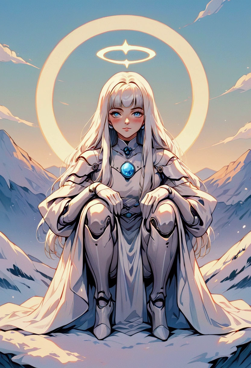 (score_9, score_8_up, score_7_up), zPDXL, 1 girl, alone, looking at viewer, crouching, hands on knees, white cat, mountain background, white hair, blue eyes, full body, long hair, white dress, bright white hair, white halo of light, halo, metallic pendant, blushing cheeks, white cat, mountain with a bit of snow, beautiful girl crouching with a halo of light, retro style, white cape, blunt bangs, white aura,