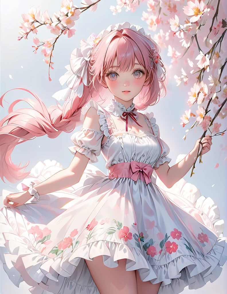 Super delicate cute girl wearing a ta dress with pink hair. 8K ultra-high image quality, delicate texture, pure white background.