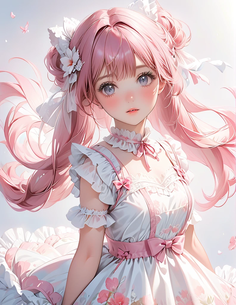 Super delicate cute girl wearing a Lolita dress with pink hair. 8K ultra-high image quality, delicate texture, pure white background.