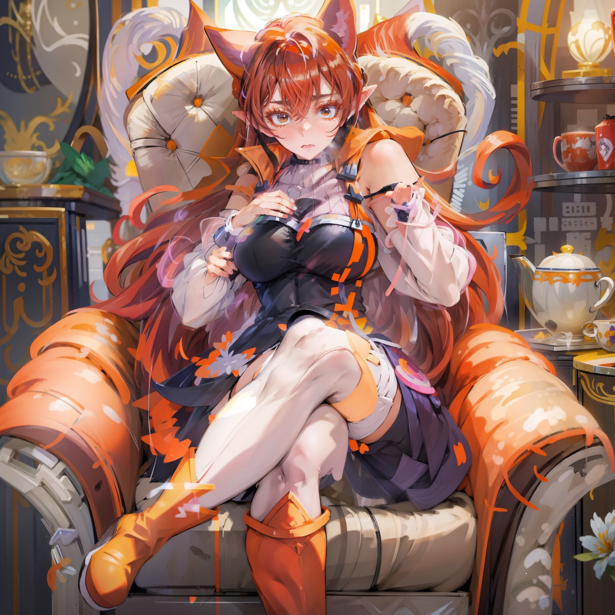 8k, Highly Detailed, Masterpiece, source_anime, best quality, clear face, thoughtful expression face, beautifully detailed eyes and beautifully detailed hair, 1girl, solo, Azazel Ameri, full body, female character with long, flowing, reddish-brown hair and fox-like ears, The character is dressed in a form-fitting, black and white top with a short, orange skirt that has petal-like layers. She is also wearing thigh-high white stockings and orange boots, big breasts, sits in a chair, one leg crossed over the other, there is a tea table next to it, and a mug of tea on the table, The overall color palette includes warm tones, with a focus on the character's vibrant hair and outfit.