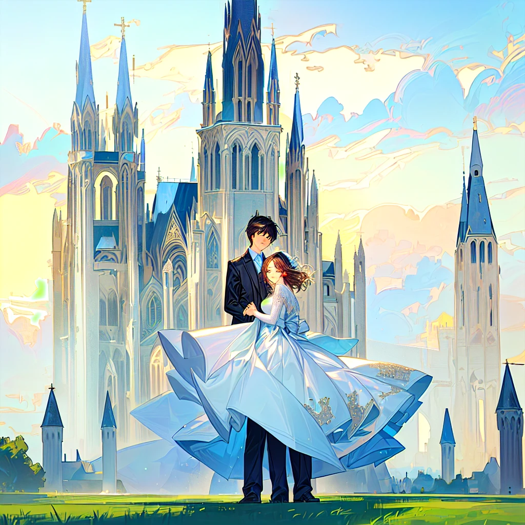 2 people standing in front of a large building, cathedral in the background, cathedral in the background, cathedral with towers, cathedral!!!!!, romantic couple pose, lovely couple, by a korean artist, shot with a canon 5d, romantic scene, cathedral background, love, dreamlike scene, (castle in the background), romantic couple