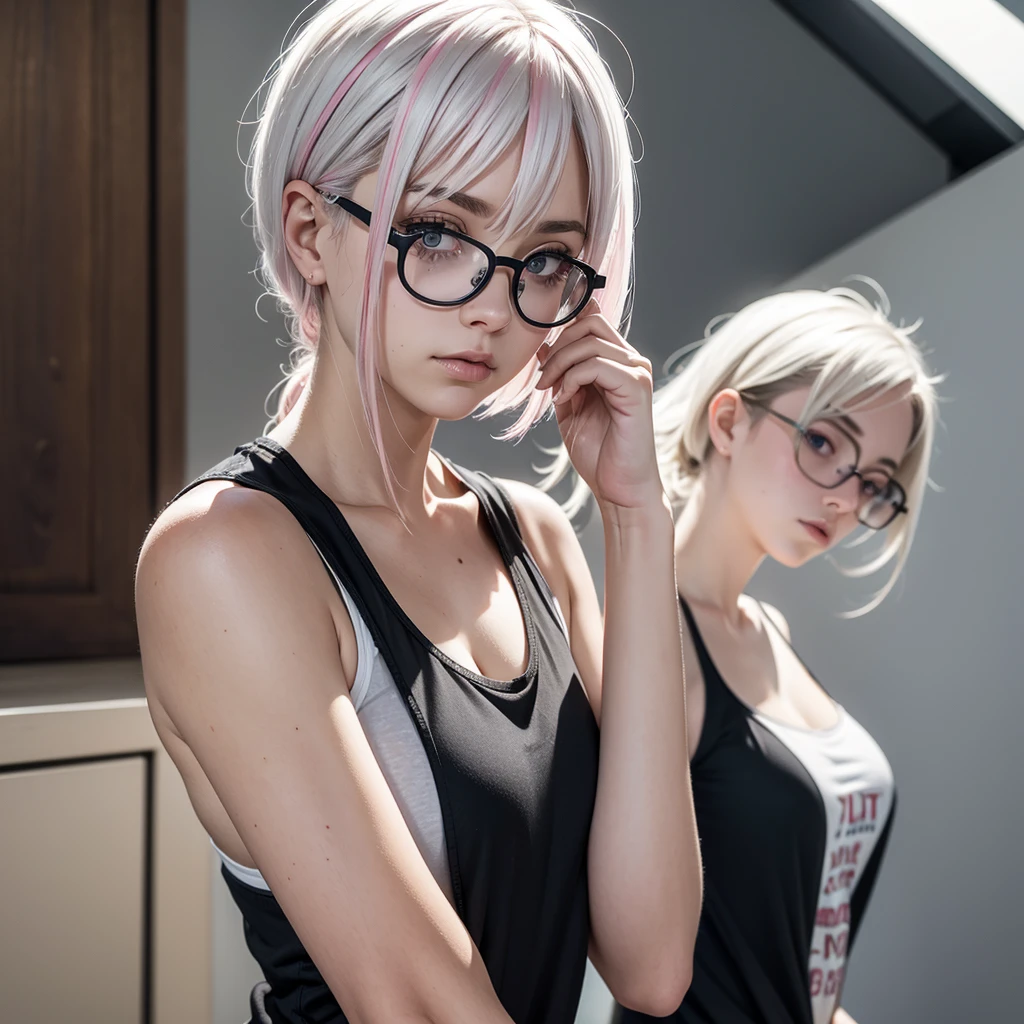 foreground, alone, beautiful white haired girl with pink highlights, She wears bayonet-style glasses and is dressed in a black tank top.