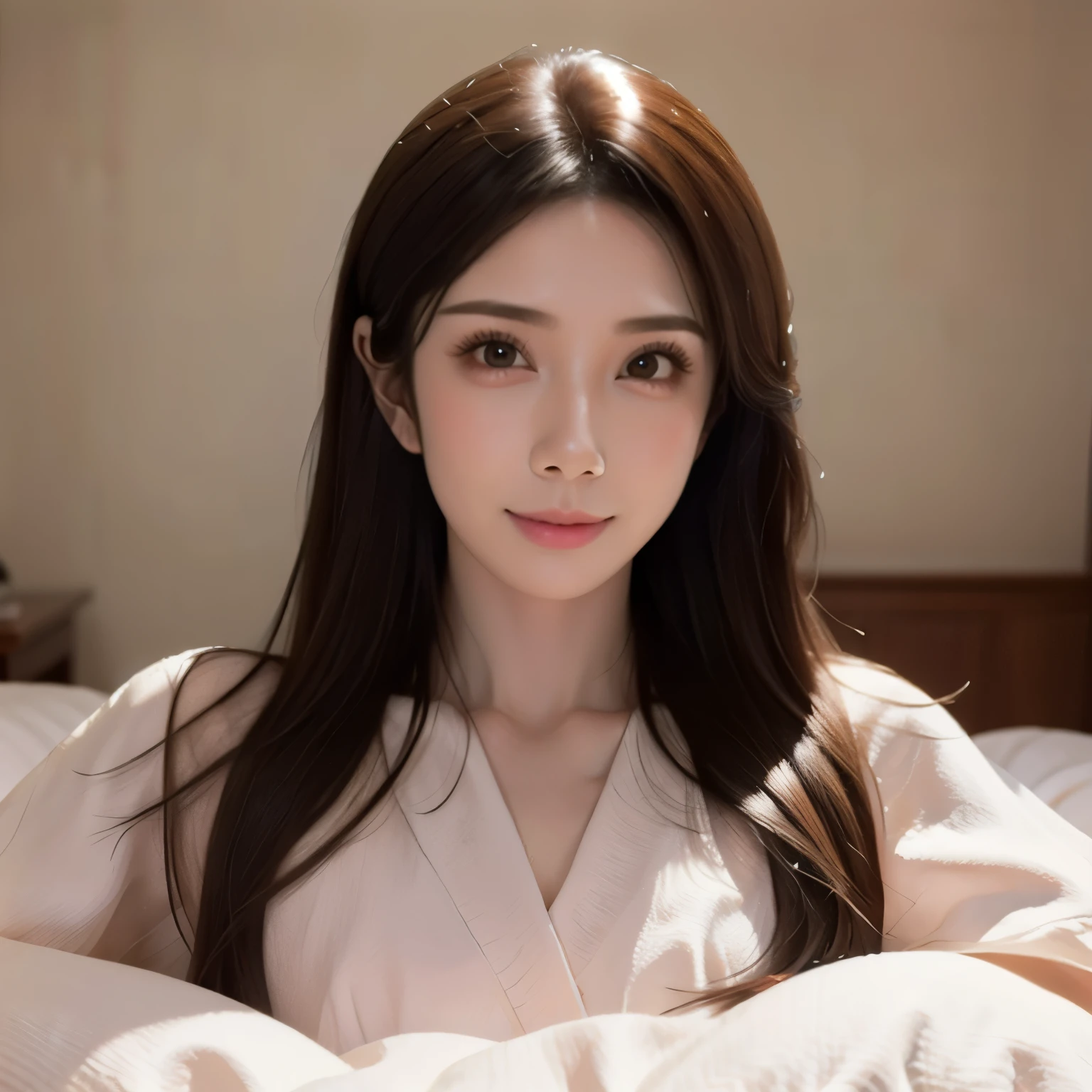 ((photorealistic:1.3)),((ultra detailed)),((sharp:1.5)),1girl. solo, smile, black hair, long hair, original, realistic, shirt, white shirt, bangs, lips, brown hair, parted lips, photo-referenced, real life, makeup, pink lips, in hotel room, lipstick, bathrobe, shadow, ((8K)),on bed in hotel room,