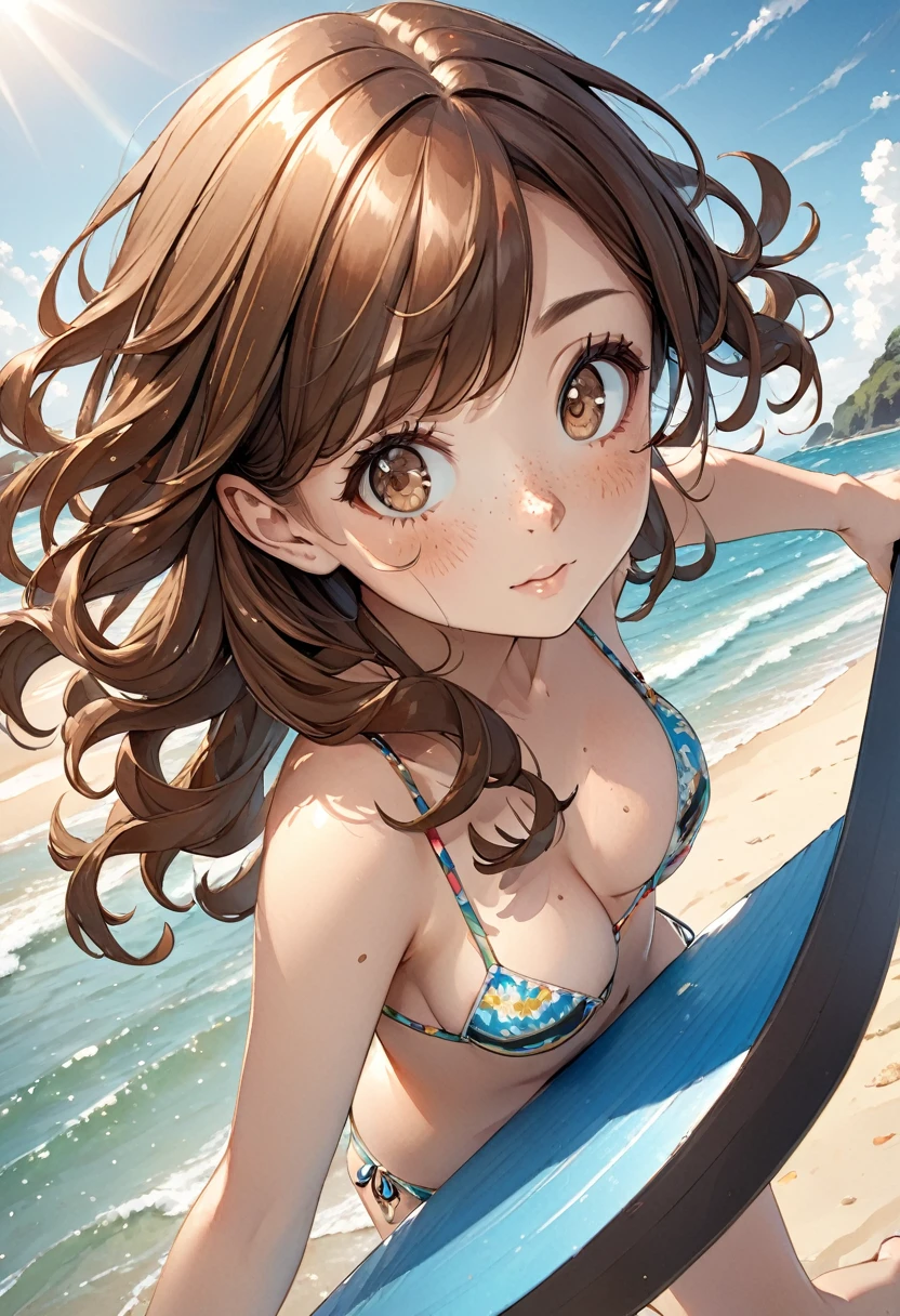 illustration, detailed illustration, ultra detailed, dynamic angle, 1girl, medium brown hair, wavy hair, big brown eyes, light freckles, cute, medium breasts, bikini, beach,