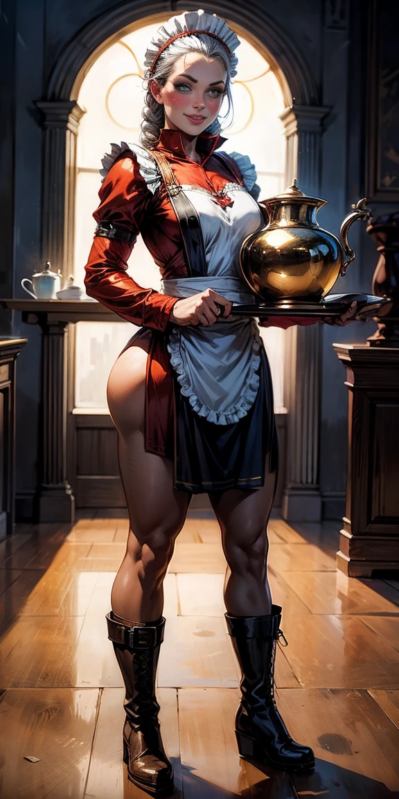 full body standing straight symmetrical, lustful smirking smile face red blush red cheeks, looking at viewer, holding tray, braid, maid headdress, maid, dress, apron, long sleeves, brown pantyhose, long leather military boots, thighs, long white hair, masterpiece