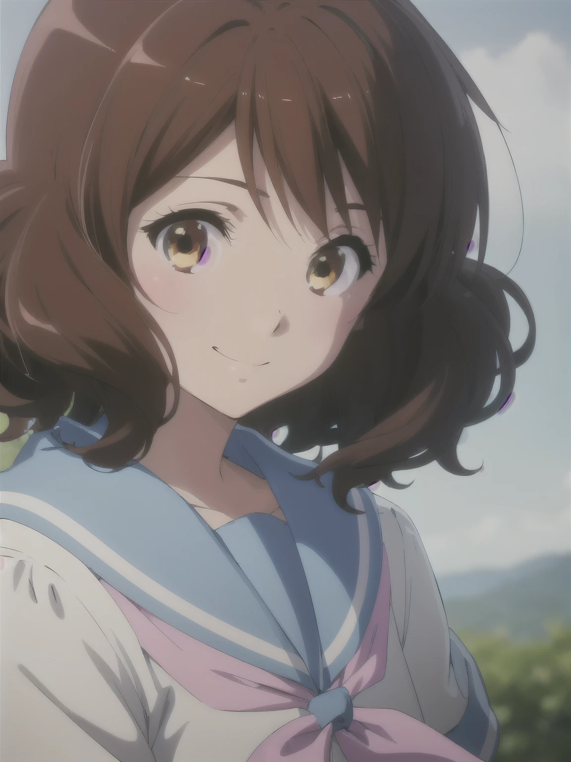 alone, One girl, View your viewers, sketch, Flat Color, 2D, anime, anime coloring, upper boisy, (soliis white backgrounis:1.3), kumiko oumae, Kitauji High , Seraphim, Blue sailor collar, Pink neckerchief, View your viewers, smile, :is