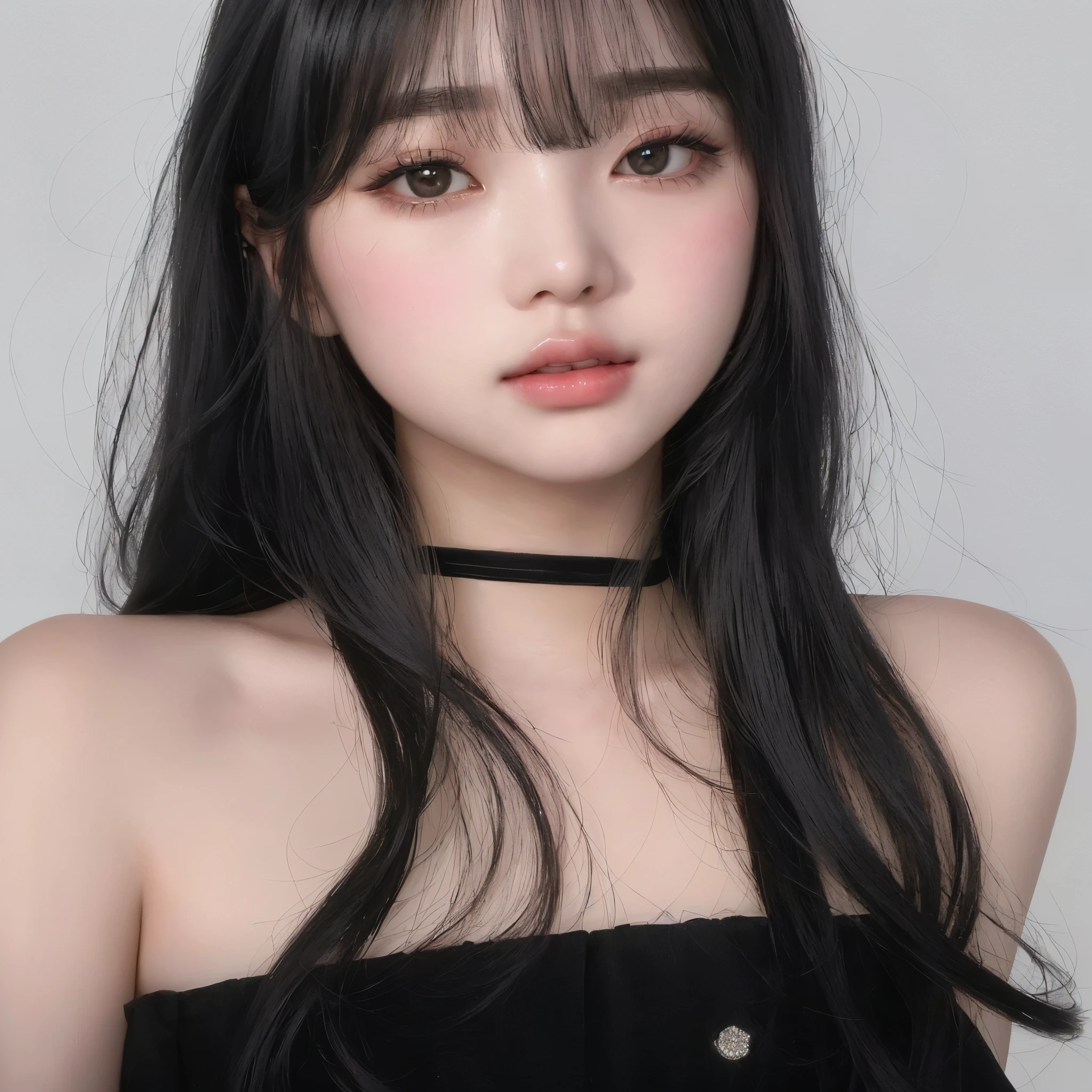a close up of a woman with long hair wearing a black dress, ulzzang, girl cute-fine-face, beautiful aesthetic face, korean girl, black hime cut hair, pale round face, young adorable korean face, beautiful asian girl, 🤤 girl portrait, korean face features, pale thin lips, she has black hair with bangs, cruel korean goth girl