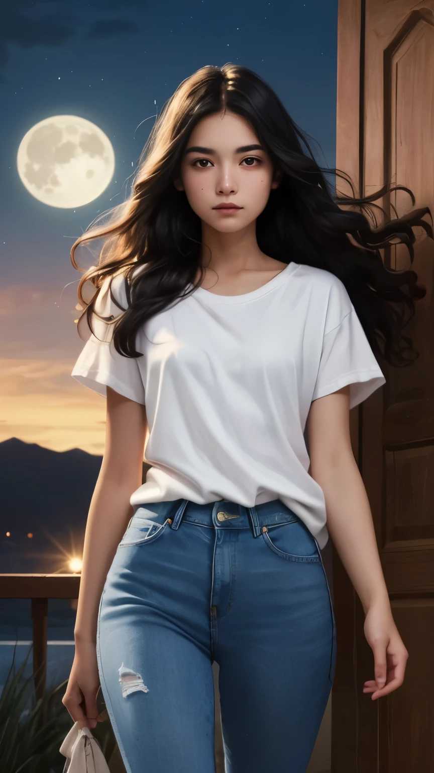 ((best quality)), ((masterpiece)), (detailed), A digital illustration of a long black haired teenage girl opening a door at night with a full moon in the background, with wind blowing her hair and a nervous expression on her face. She is wearing a plain white t-shirt and blue jeans