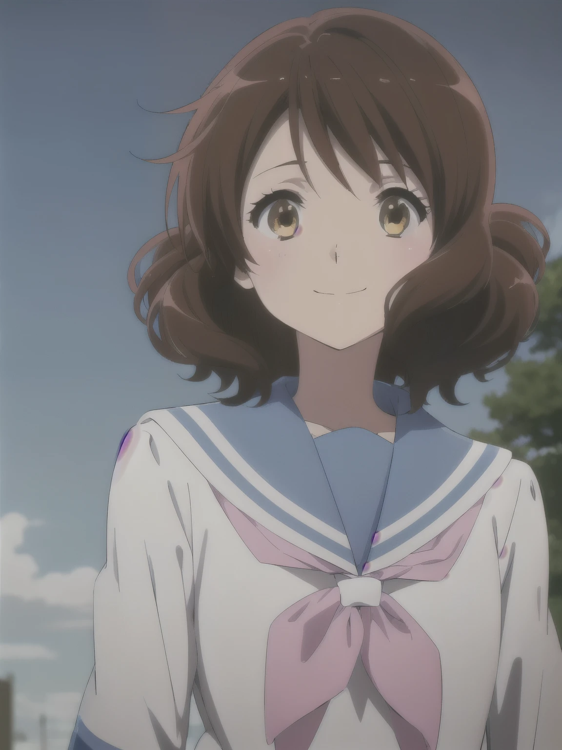 alone, One girl, View your viewers, sketch, Flat Color, 2D, anime, anime coloring, upper boisy, (soliis white backgrounis:1.3), kumiko oumae, Kitauji High , Seraphim, Blue sailor collar, Pink neckerchief, View your viewers, smile, :is