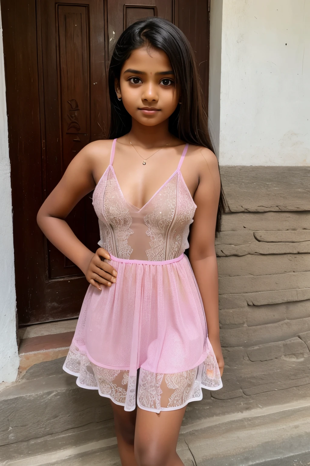 A -yeld Sila Sri Lankan girl wore a short dress, Sri Lankan face, beautiful, young girl,boob are visible in transparent dress,poor girl,real young 10 year g