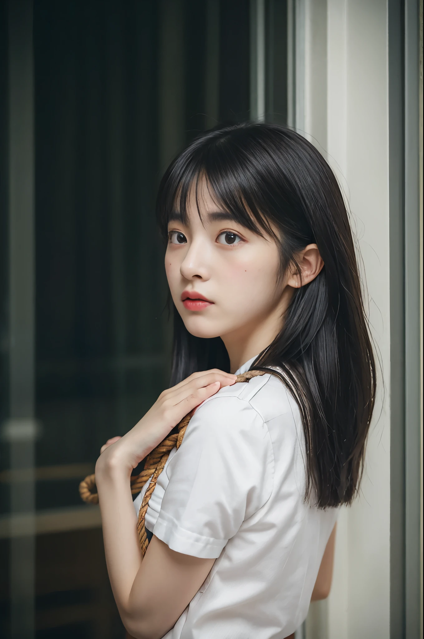Woman、His hands are tied、((Place your hands behind your back))、((Place your hands together and cross them behind your back))、(((Her wrists are tied with rope)))、shibari、Beauty、20age、university student、(anatomicaly, Has two arms and two hands)、In a hotel room with the lights on、Stand by the window、Outside the window is the night sky、There are many stars、Wearing a short-sleeved blouse、Wear a high school student-style miniskirt、Uniform eyes、Proportioned proportions、Small breasts、Small face、(I can see from head to heel), Black Hair, bangs, swept bangs, Straight hair, Nervous, Messy Hair, Floating hair, Cinema Lighting, tachi-e, First-person view, throw, From behind, F/1.2, Nikon, Surrealism, 超High resolution, Highest quality, High resolution, 8k, Textured skin, anatomicaly正しい体,