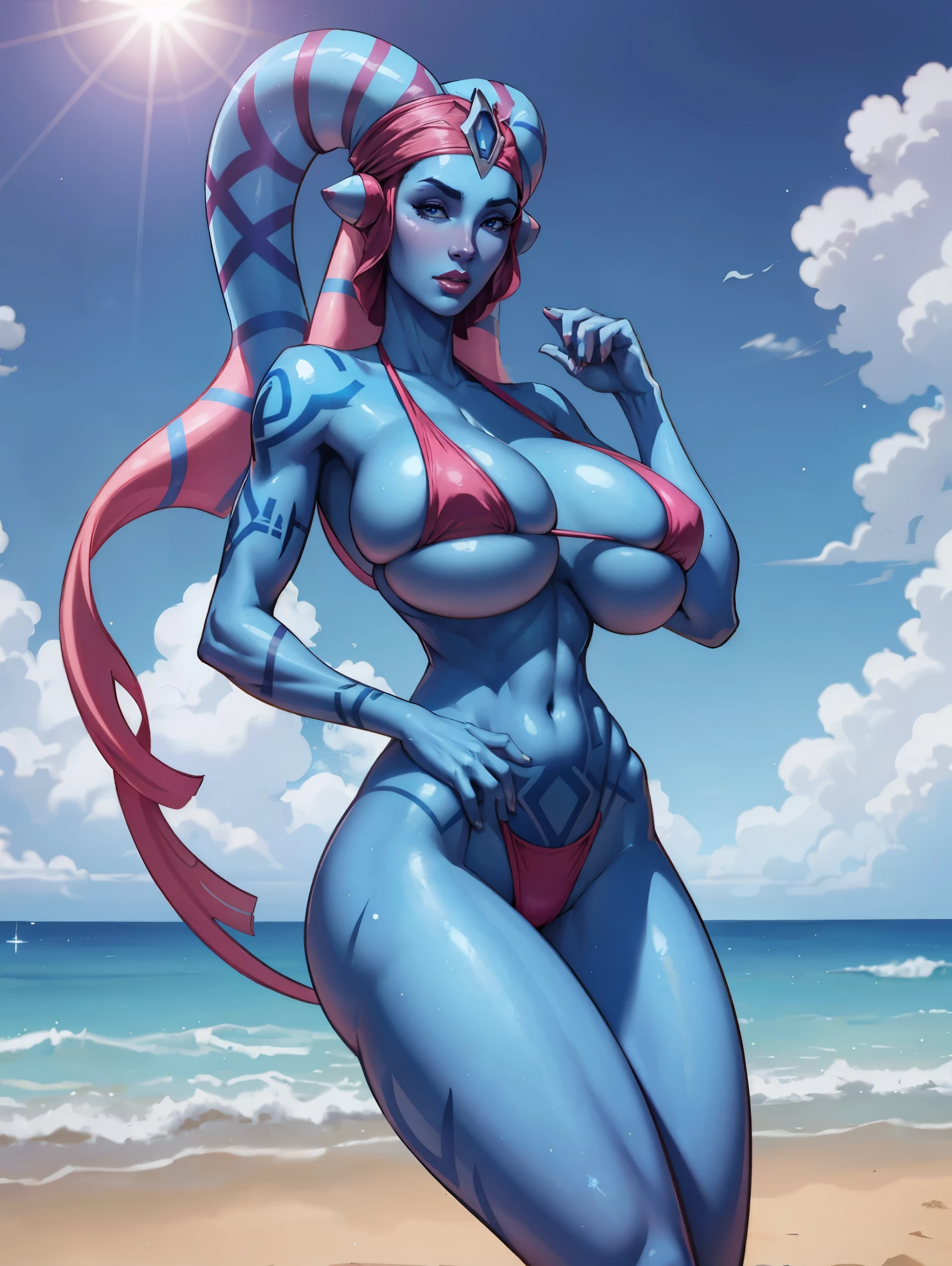 Bloom, HDR, lens flare, Tall Blue Skin Twi'lek with (gigantic breasts) wearing a hot pink bikini on the beach, tattoos, cleavage, tall, graceful, (tall, long legs), athletic, slim hips, small waist, close-up