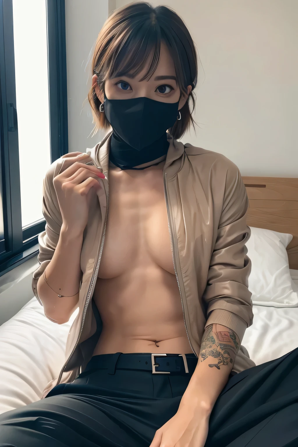 Look into the eyes, Look at me Look at me, Look at me, Look at me, Look at me, Front of face, Front face, Cross-legged, indoor, Brown Hair, bangs, Sweat, clavicle, clavicle, Cross-legged, Earrings, Look at me, Private room, bed, belt, Abdominal muscles, Abdominal muscles, Tattoo on arm, Tattoo on arm, Roll up your sleeves, Roll up your sleeves, mask, mask, smoking, smoking, smoking, smoking, (Naked under the jacket,pants:1.5)