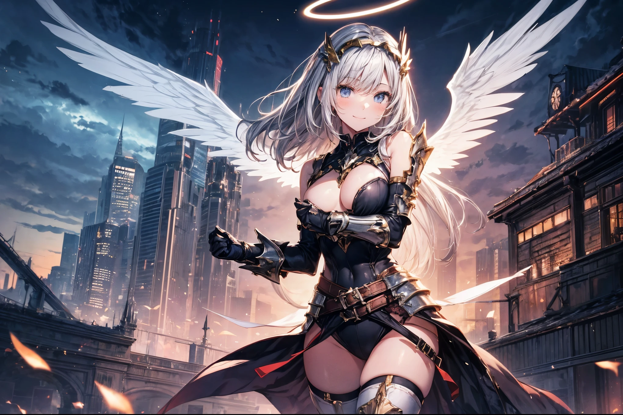 fantasy, 1angel_girl,(young_:1.5), ,brown_hair, medium_bob_hair, long_bangs, halo,bare_shoulder,thighhighs,silver_armor, waist_armor, large_breasts,1pair_wings, dynamic_pose_fighting,floating, bare_crotch, headgear,gauntlet, greaves,city_landscape_background,slightly_spread_legs, solo, groin_naked,smile