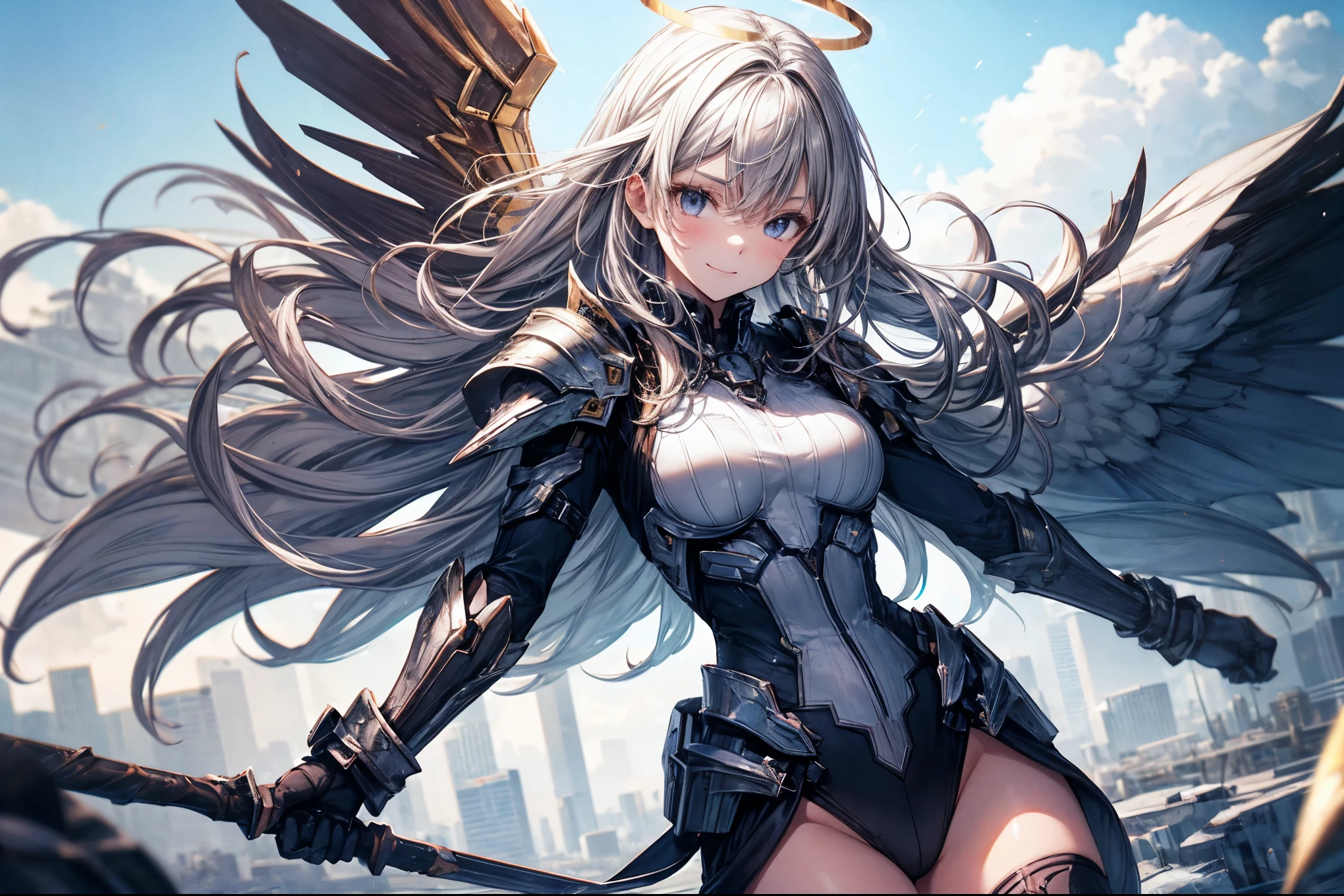 fantasy, 1angel_girl,(young_:1.5), ,brown_hair, medium_bob_hair, long_bangs, halo,bare_shoulder,thighhighs,silver_armor, waist_armor, large_breasts,1pair_wings, dynamic_pose_fighting,floating, bare_crotch, headgear,gauntlet, greaves,city_landscape_background,slightly_spread_legs, solo, groin_naked,smile