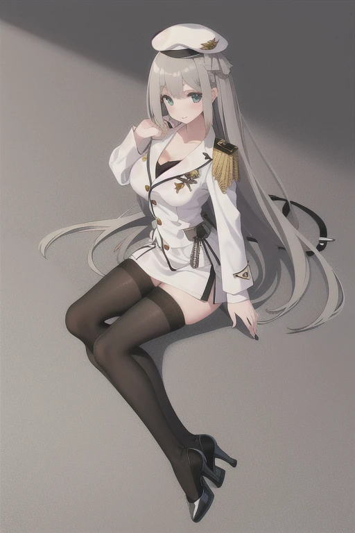 lexington \(warship girls r\),((Best quality))),((Ultra-detailed)),((illustration)),((Disheveled hair)),((frilld)),(1 girl),(Solo), 1girl, hat, high heels, long hair, pantyhose, solo, black legwear, clavicle, thighhighs, white beret, military, white military uniform, white naval uniform, legwear, gray hair