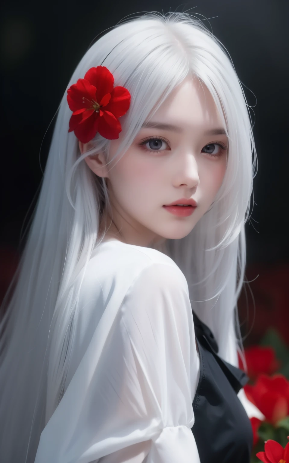 1 girl,alone,1 girl,alone,((beautiful and delicate eyes)), (detailed light),depth of field,(gray hair),silver Eyes,Hair in one eye,(red flower ), hair flower,long hair,black cloak,wet,emotional,looking again,night,shooting star,It&#39;s raining,smother,red flowers fall,sketch,upper body,intense shade,