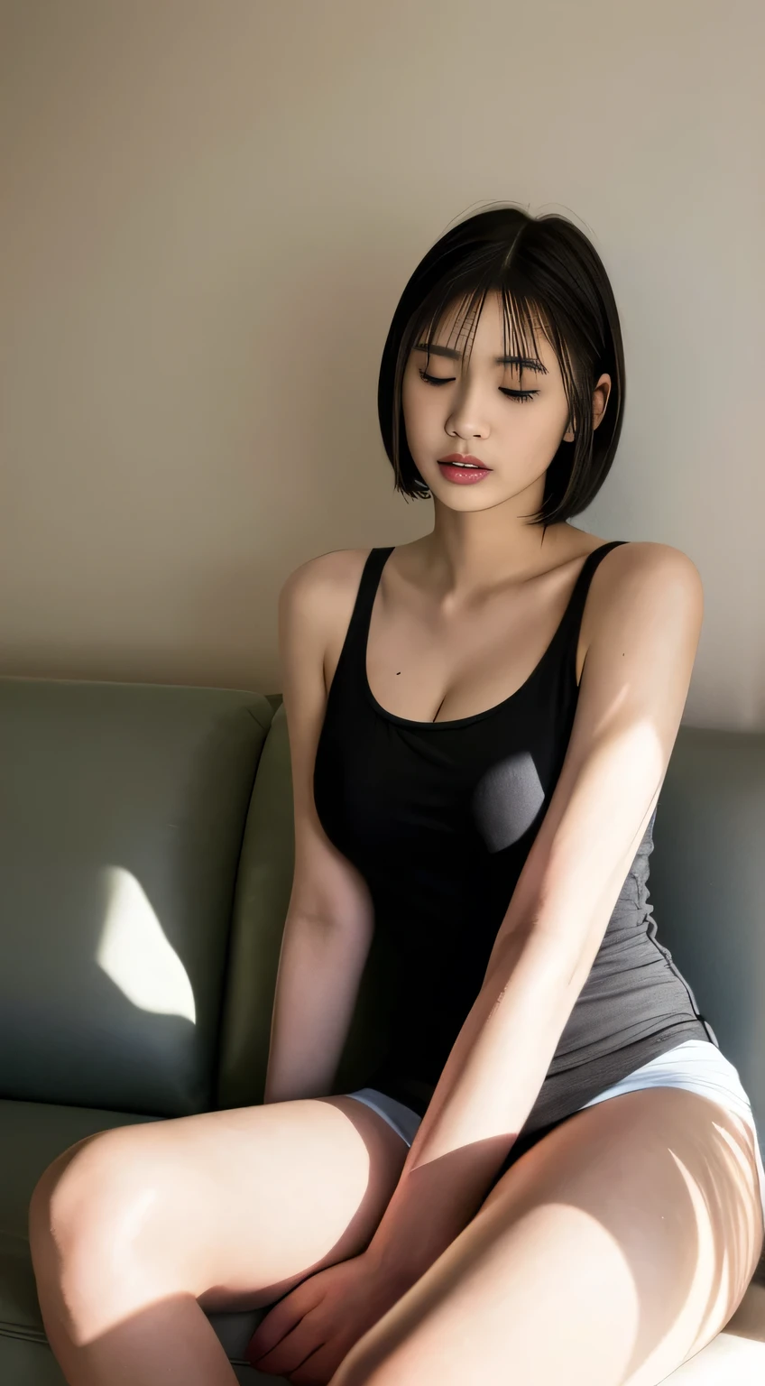 best quality, Masterpiece, Ultra high resolution, super model, big breasts, Dynamic fashion poses, (realism: 1.8), original photo, 1 woman, bare shoulders, in the dark, deep shadow, speak little, cool light, , ((Japan)), Wet skin, Sitting on the sofa with eyes closed, mouth open and legs spread wide., (breast posture), (sexy pose), tank top