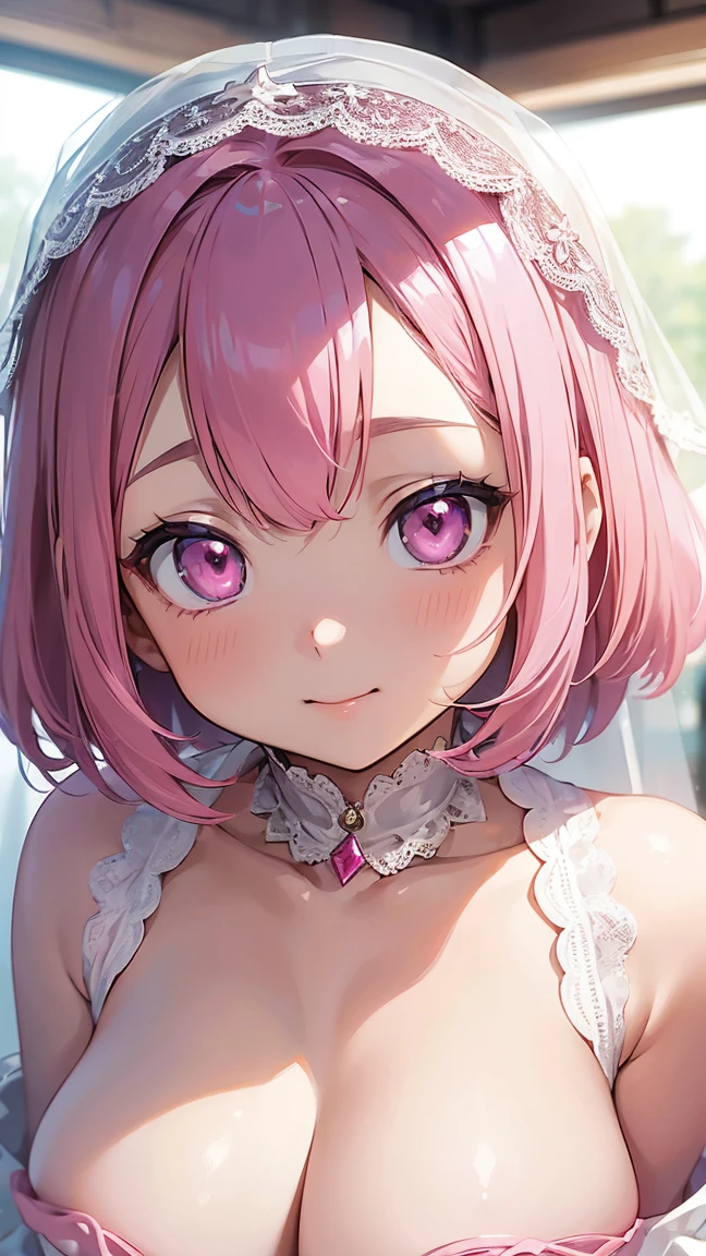 (4K quality:1.3),(Highest quality:1.3),(albino),(Whitening),(19 years old:1.3),(?????????????:1.6),(albino:1.2),Overdeveloped ???????:1.6,???????????:1.6,世界一?????????????,Extra large ?????:1.3,One of the largest ??????? in the world,Saggy ???????,rich,Upper Body,smile,Overflowing ???????,(jewelry),Captivate a man,Cleavage,(White sequined wedding dress:1.5),(Celebrities:1.4),(thin:1.2),(Tight waist:1.4,(Night viewの良いホテル:1.1),(luxury:1.2),(Arisa Hanyu:1.5),(anorexia:1.4),(Night view:1.3),(Close up on face:1.2),Catchlight,(Child face:1.6),(smile:1.1),(Lori:1.5),(Pink Hair:1.6),(Short Hair),(Deep pink eyes:1.4),(2D cuteness:1.5),(Cute Makeup),Beautiful fingertips,White lace collar